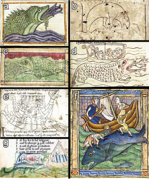 Varias representaciones de hafgufas/aspidochelones conocidas o posibles en bestiarios medievales europeos del siglo XIII. (Detalles completos en Marine Mammal Science, 2023)