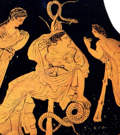 Vase from about 400 BC showing Nimrod/Herakles talking to one of the Hesperides as she sits in front of the serpent-entwined tree. (Author provided)