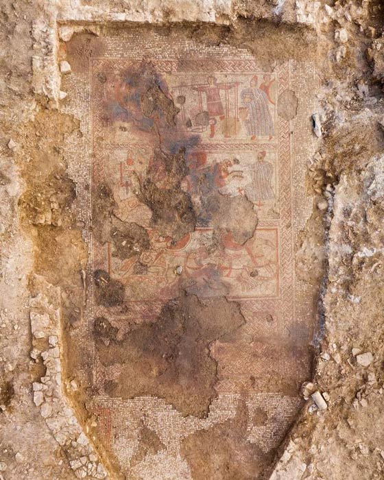 View of the Rutland Roman mosaic from the air. (University of Leicester Archaeological Services)