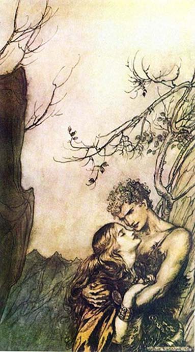 ‘Brünnhilde and Siegfried’ by Arthur Rackham. In the Volsung Saga the Valkyrie Brynhildr fell in love with the mortal Sigurd.