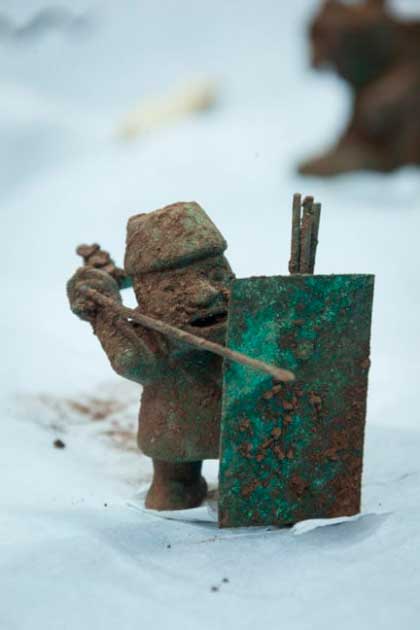 A Wari warrior bearing a spear and shield, found at Pikillaqta Archaeological Park, near Cusco. (DDC Cusco)