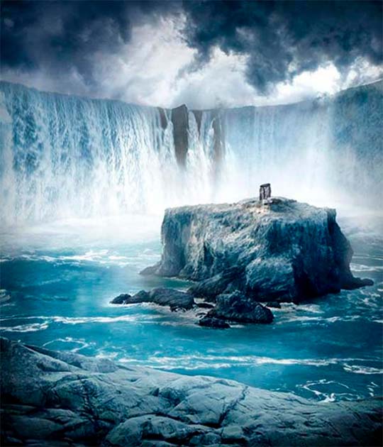 Water pours down over a rocky ledge and into valley basin below. (CC BY-ND 2.0)