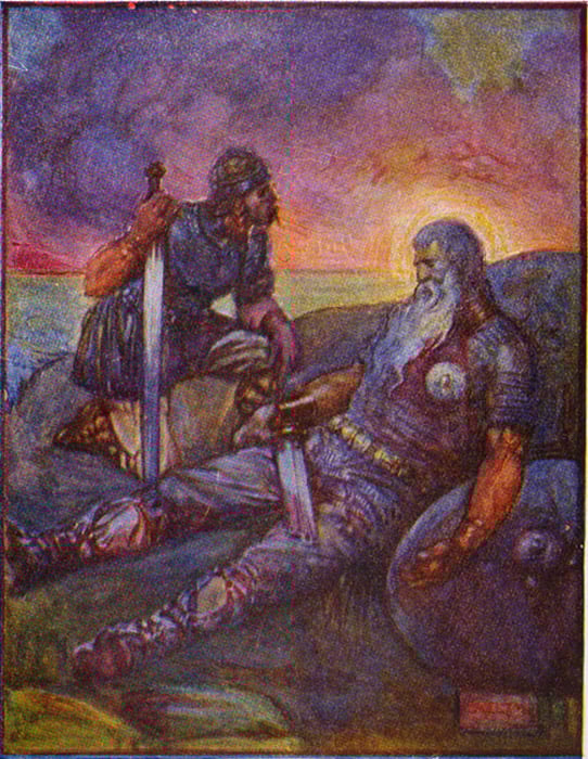 Wiglaf speaking to Beowulf after his battle with the dragon 