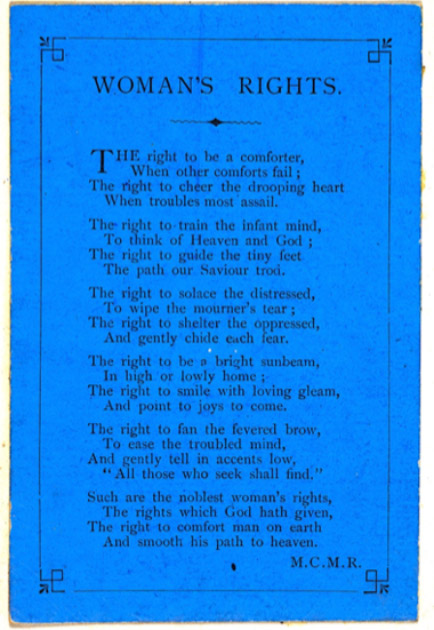 ‘Woman’s Rights’ was an ephemeral card representing traditional ideas about women whose role is defined within the domestic sphere and in relation to men as husbands, fathers, and sons. (MCMR / Public Domain)