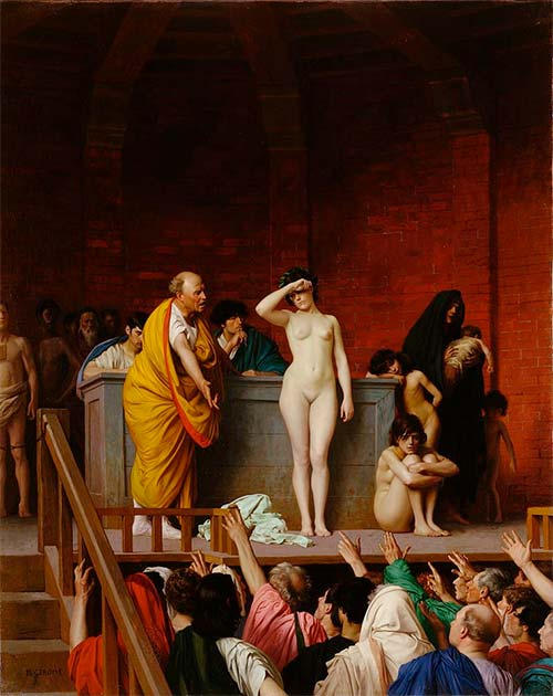 Women and child slavery evident in ancient times. Slaves in an auction in ancient Rome (1884). (Public domain)