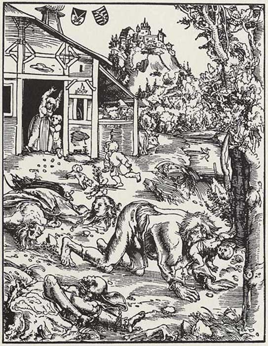 Xilografía de Lucas Cranach el Viejo, 1512, de un hombre lobo que asola una ciudad y se lleva bebés.