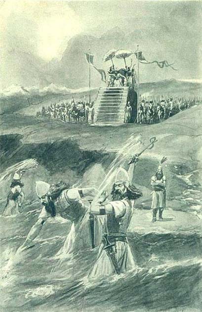 Xerxes attending the lashing and "chaining" of the Hellespont (Illustration from 1909). (Public Domain)