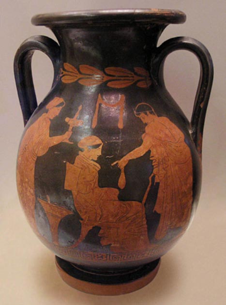 Youth giving a purse to a sitting hetaera (courtesan). Behind her stands a young woman carrying a plemochoe (toilet vase). Attic red-figure pelike (wine-holding vessel) by Polygnotos, ca. 430 BC. From Kameiros, Rhodes. (Marsyas/CC BY SA 2.5)