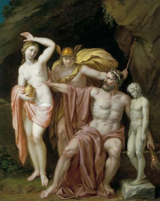 Zeus readies Pandora with Hermes in attendance, a painting by Josef Abel. (Public Domain)