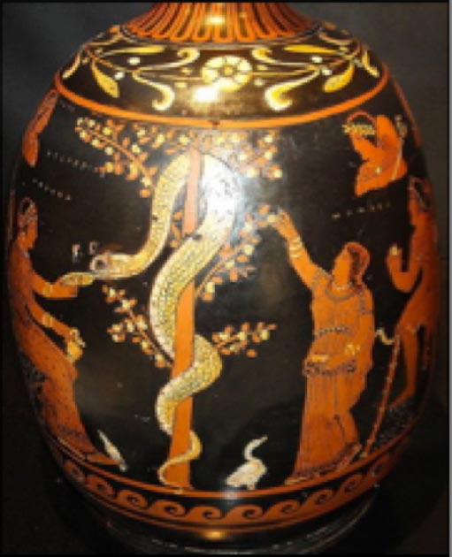 On the above vase from about 430 BC, the Hesperid to the left feeds the serpent as the other tends to the apple tree. The Book of Genesis doesn’t say what kind of fruit tree it was. It’s from the Greek tradition we get the idea that Eve ate an apple. (Public domain)