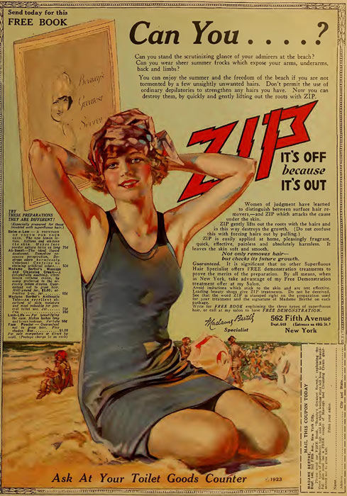 Anuncio de crema depilatoria en Motion Picture Magazine desde agosto de 1923 hasta enero de 1924. (Dominio público)
