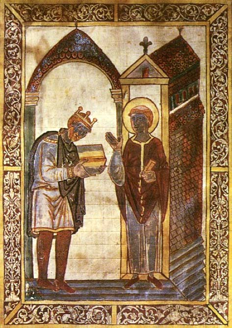 Æthelstan presenting a book to St Cuthbert, the earliest surviving portrait of an English king. (Public Domain)