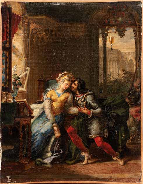 El asunto que colapsó Camelot.  Lancelot y Ginebra, del pintor francés Bitter, alrededor de 1814 (Dominio público)