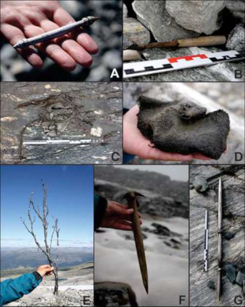 Algunos de los artefactos antiguos revelados por el cambio climático en la capa de hielo de Lendbreen que se derrite en Noruega. (Programa de arqueología de glaciares y J. Wildhagen / Antiquity Publications Ltd)
