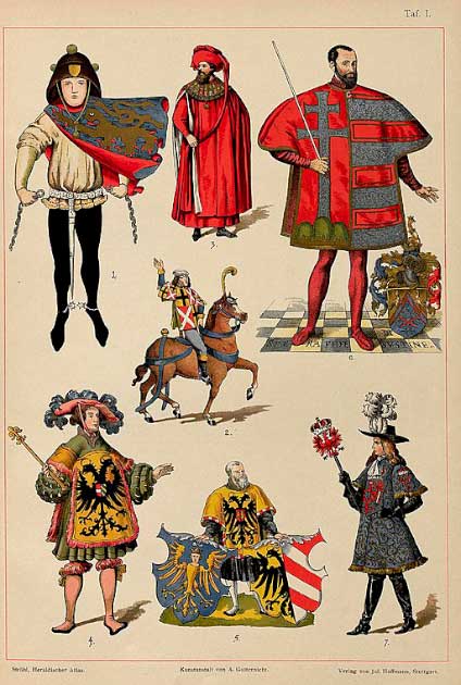 Разнообразный внешний вид глашатаев разных народов, от Хуго Герхарда Стреля. "Геральдический атлас"1899 г. (общественное достояние)