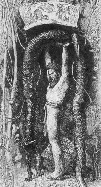 Thor attempts to lift Jörmungandr in the guise of a cat, 1872 drawing (Public Domain)