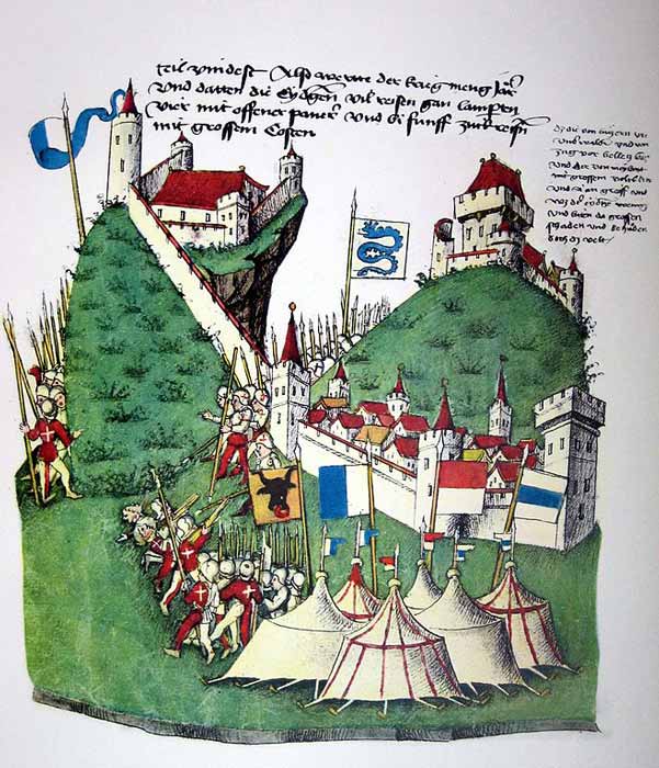 In the Battle of Arbedo 1422, painted by Benedicht Tschachtlan, the Swiss pikemen were too few and the other side with countless long pikes easily won. In the foreground the Swiss army, with the Milanese forces in the background. (Benedicht Tschachtlan / Public domain)