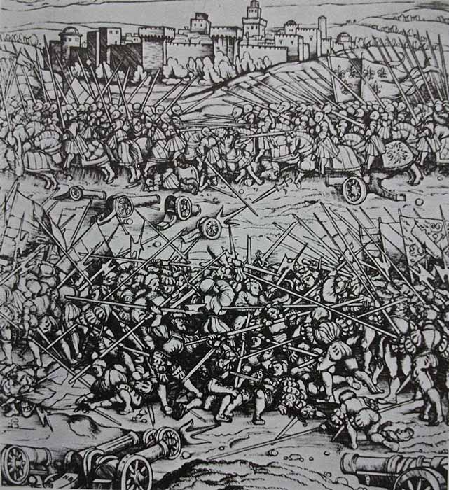Before long the enemies of the Swiss pikemen developed tactics and weapons that made them easier and easier to defeat. In the Battle of Ravenna in 1512 AD, drawn here by an unknown artist, the Swiss were completely defeated! (Public domain)