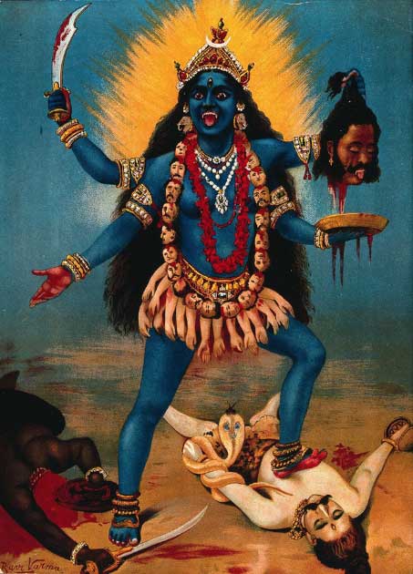 Kali, goddess of destruction and renewal, brandishing her sword and a severed head as she tramples her consort Shiva underfoot. (Public domain)