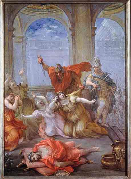 Caligula lies dead in the foreground after having already been executed, while his wife and daughter are murdered beside him. (Public Domain)