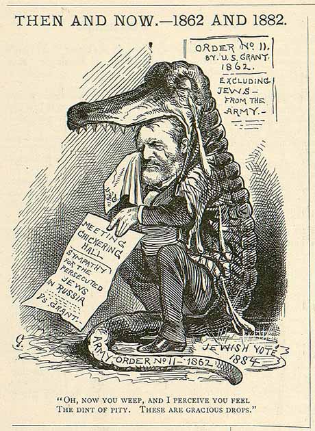 A cartoon by Bernhard Gillam depicting Ulysses S. Grant courting Jewish voters by crying "crocodile tears" over the persecution of Jews in Russia. Public domain.
