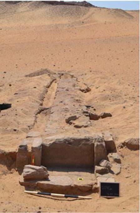 The causeway to the tomb of Sarenput I. View up towards the Qubbet el-Hawa necropolis.