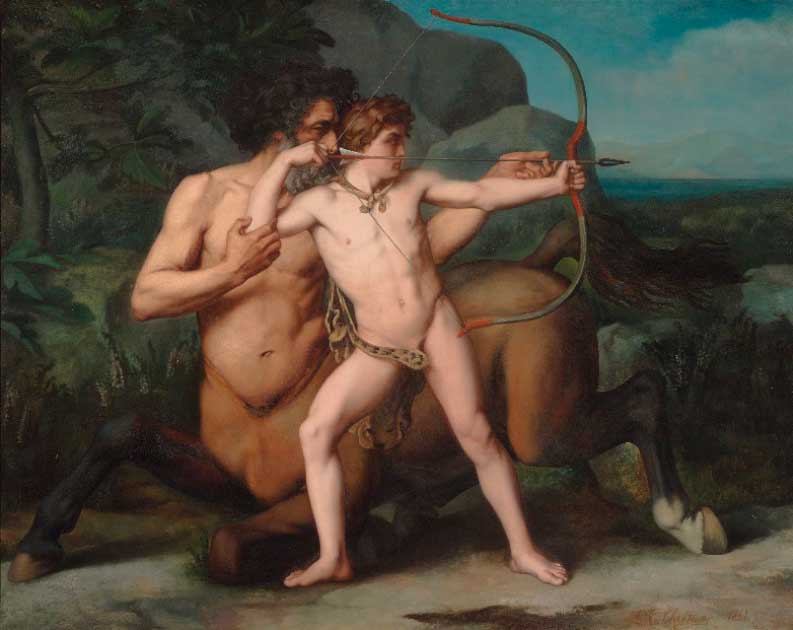 The centaur Chiron instructed several Greek heroes, including his great-grandson Achilles. The Education of Achilles, 1861 oil painting by Auguste-Clément Chrétien (Public Domain)