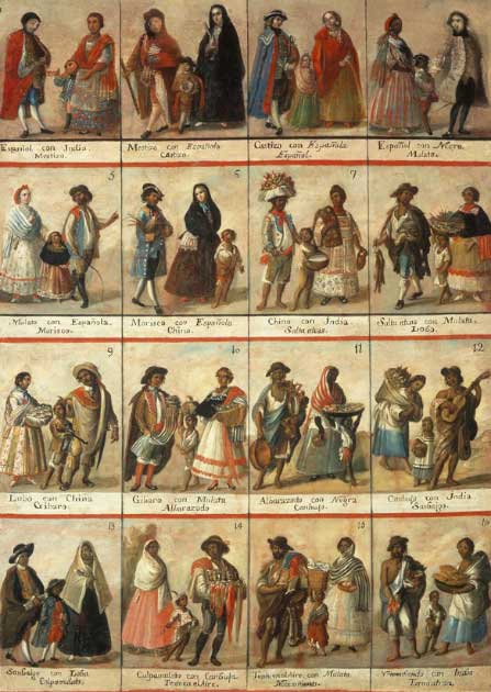 18th century oil painting depicting the different castes within the caste system of New Spain, the name given by Hernán Cortes to the area during the Spanish conquest of the Aztec empire. Racial mixing was a colonial preoccupation up until the Independence of Mexico. (Public domain)