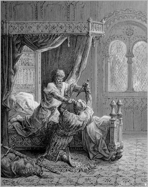 La litografía del siglo XIX de Gustave Dore contempla el intento de asesinato del rey Eduardo I de Inglaterra por parte de un asesino, o Hashshashin, enviado por el sultán mameluco Baibars. (Dominio publico)