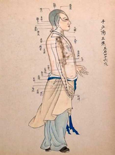 Acupuncture chart with a series of points indicated on the figure of a standing Chinese man. Watercolour, China, 17 – (Wellcome Collection / CC BY 4.0)