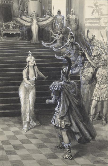 Cleopatra is often depicted as a seductress. A drawing by Faulkner of Cleopatra greeting Antony