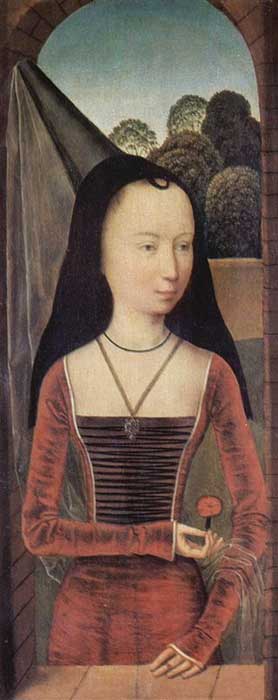 Young woman in a conical hennin with black velvet lappets or brim and a sheer veil