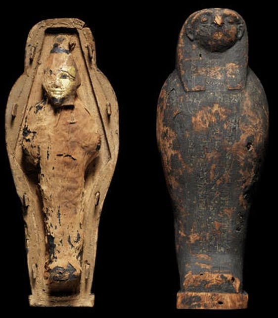 An example of a ‘corn mummy’ in the form of the god Osiris. While the mummy looks like a small child, it is actually made with mud and grains