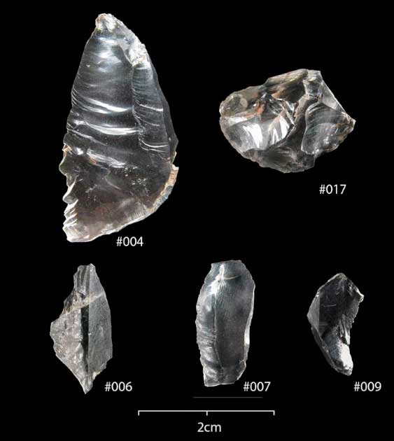 Ejemplos de fragmentos de cristal de roca más grandes en el conjunto de Dorstone Hill, incluidos núcleos y fragmentos con bordes de cristal. (Overton et al. 2022 / Cambridge Archaeological Journal)