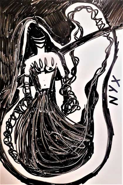 Σε πολλές απεικονίσεις, συμπεριλαμβανομένης αυτής της καλλιτέχνιδας Άννας Σίνονος, η Nyx είναι jet black, αλλά είναι στοργική και προστατευτική με τα παιδιά της.  (Άννα Ζήνωνος / CC BY 4.0)