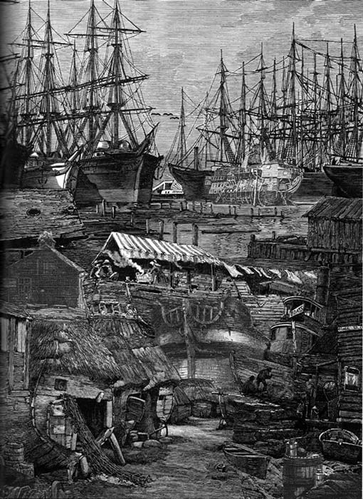 Collage depicting ships piled into Yerba Buena cove by Satty, from 