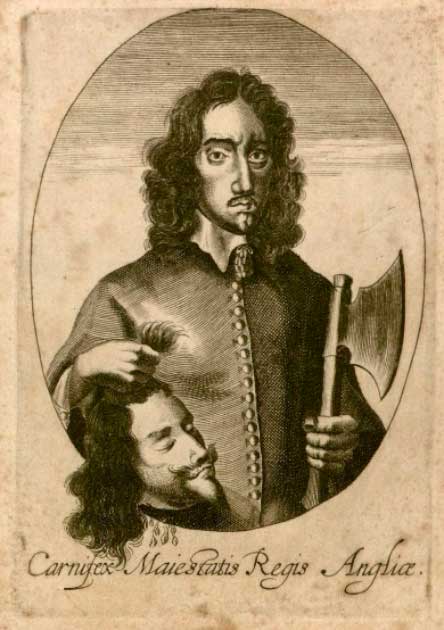 Incisione raffigurante il carnefice dopo la decapitazione di Carlo I d'Inghilterra nel 1649 (dominio pubblico)