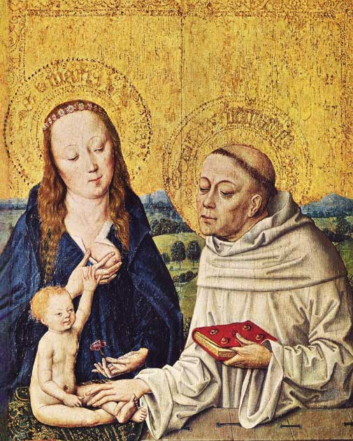 Representación del siglo XV de la Lactatio Bernardi, titulada La Virgen y el Niño con San Bernardo, del Museo Wallraf Richartz de Colonia. (Dominio publico)