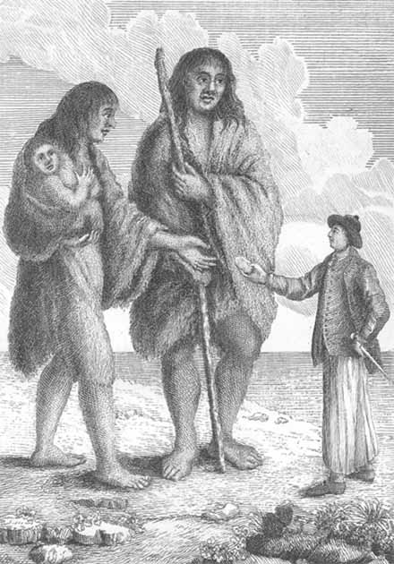 This old drawing in the Princeton Library collection depicts the Patagonian giants. The first mention of this mythical race surfaced in the 1520s from the account of Antonio Pigafetta, chronicler of Ferdinand Magellan’s expedition. (Princeton Library / Public domain)