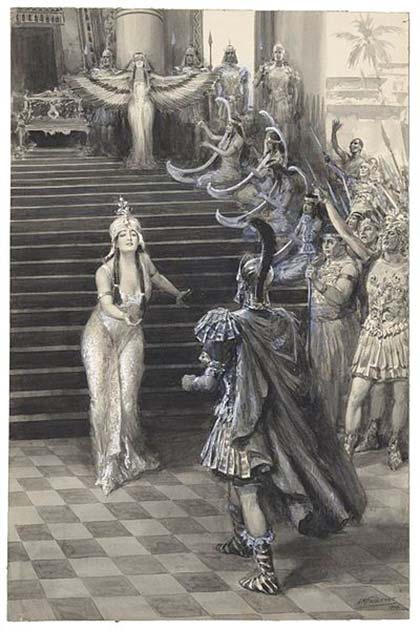 A drawing of Cleopatra greeting Antony in Shakespeare's Antony and Cleopatra (A. M. Faulkner/CC BY-SA 4.0)