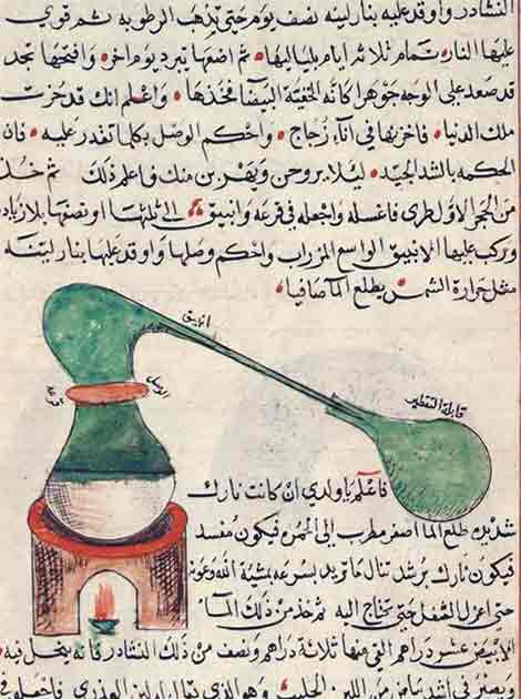 Drawing of an alembic, a type of distillation apparatus used to separate liquids, by Jabir Ibn Hayyan who has been remembered as the founder of modern chemistry. (Public domain)