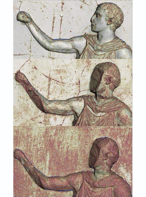 Top: Elgin cast, made 1802. Middle: Merlin cast, made 1872. Bottom: original sculpture. Note the loss of the figure’s face since creation of Elgin’s cast. (Dr Emma Payne, 3D imaging conducted courtesy of the Trustees of the British Museum and Acropolis Museum / Antiquity)