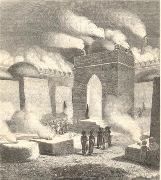 An engraving of the Ateshgah Baku fire temple of Azerbaijan showing pilgrims visiting the site. (Ж. П. Мойне / Public domain)