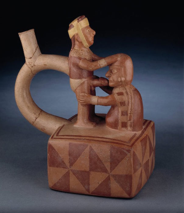 Un ejemplo de un artefacto erótico mochica, un jarrón ceremonial escultórico de cerámica que representa una escena de felación. (Museo Larco / Google Art Project)