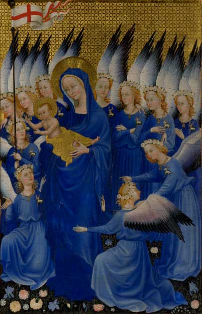 One of the earliest examples portraying the Virgin Mary in lapis lazuli blue was the Wilton Diptych, circa 1399 (National Gallery UK / Public Domain)