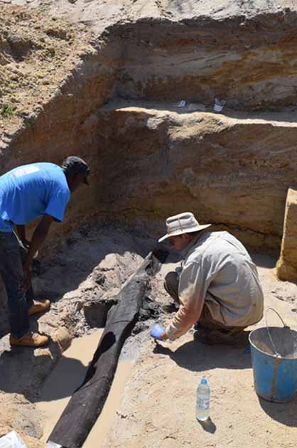 The excavation team uncovering the oldest wooden structure (Professor Larry Barham, University of Liverpool/Nature)