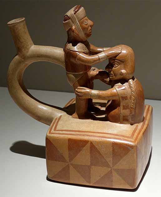 A scene of fellatio. Moche Bottle Neck Sculptural Stirrup Handle. From the Museo Larco in Lima, Peru. (Rowanwindwhistler/CC BY-SA 4.0)