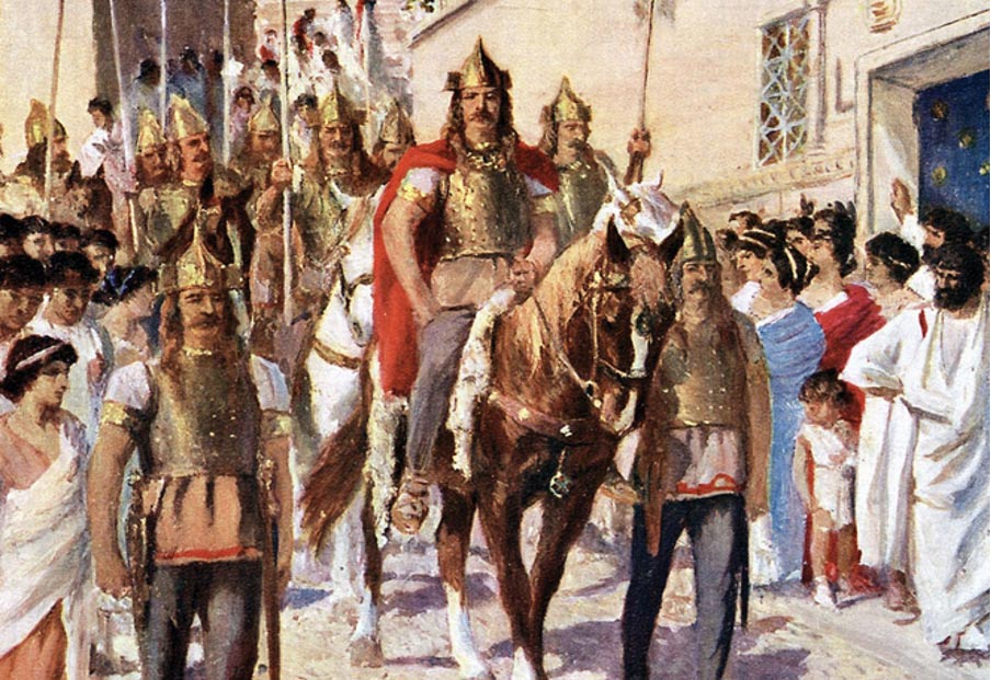 Illustration from the 1920s depicting Alaric parading through Athens after conquering the city in 395 AD. 