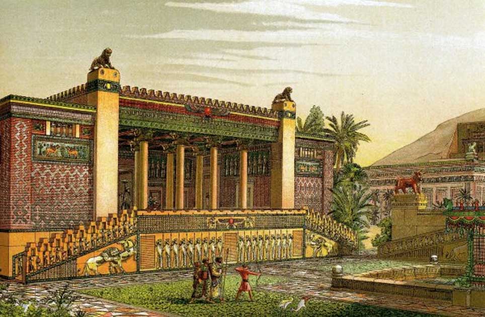 Virtual recreation by Charles Chipiez. A panoramic view of the gardens and outside of the Palace of Darius I of Persia in Persepolis.