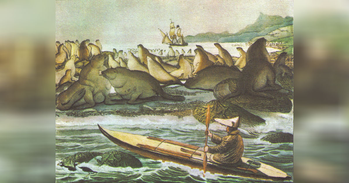 llustration of an Aleut paddling a baidarka, with an anchored Russian ship in the background, near Saint Paul Island, by Louis Choris, 1817. The Chaluka site was inhabited by ancient Aleut people. Source: Public Domain